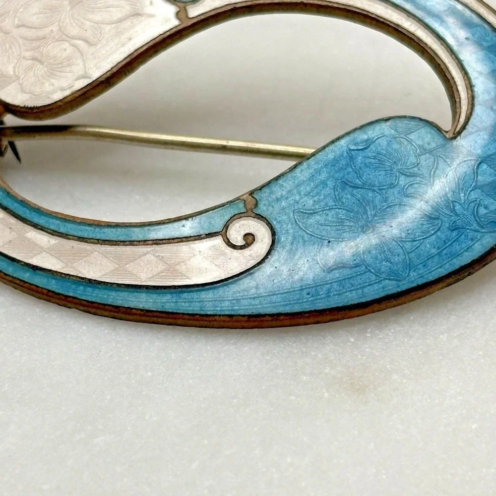 Vintage Guilloche Enamel Sash Pin Brooch Blue White Art Nouveau Unsigned